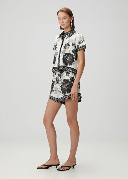 Flower Leopards Black Off-White Linen Shorts