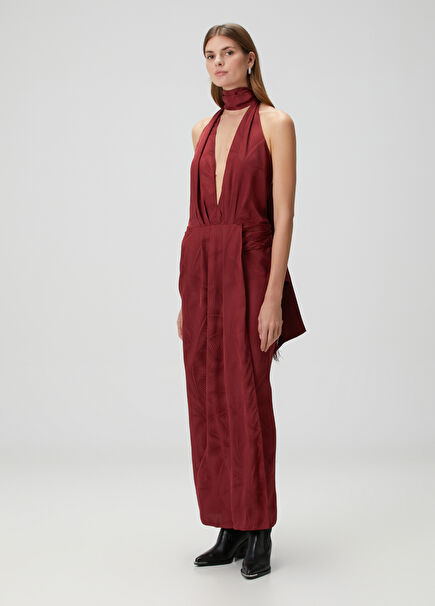 Bordo Jakarlı Maksi Elbise