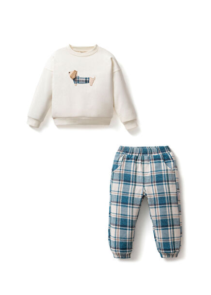 Köpek Nakışlı Pamuk Ekose Erkek Çocuk Takım