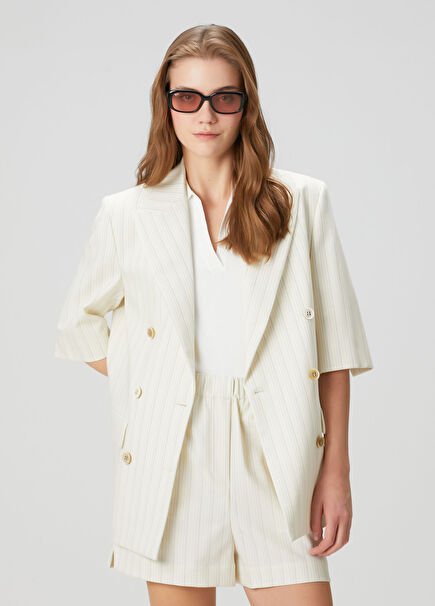 Cream Striped Double-Breasted Wool Jacket