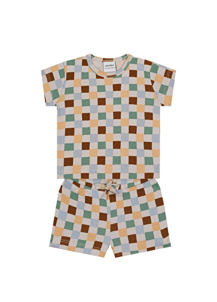 Bej Pastel Damalar Kısa Kollu T-Shirt Şort Unisex Bebek 2'li Set