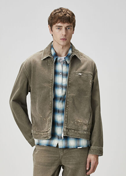 Açık Haki Yıpratma Detaylı Denim Ceket