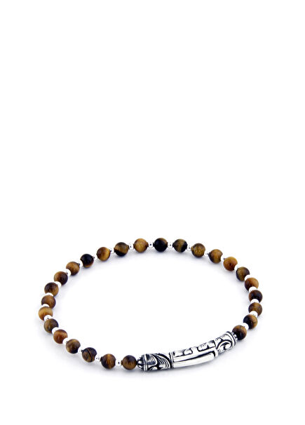 Brown Beaded Men's Silver Bracelet