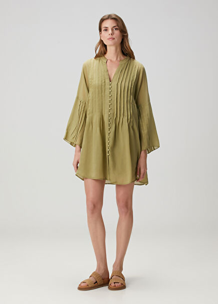 Khaki Pleated Mini Beach Dress