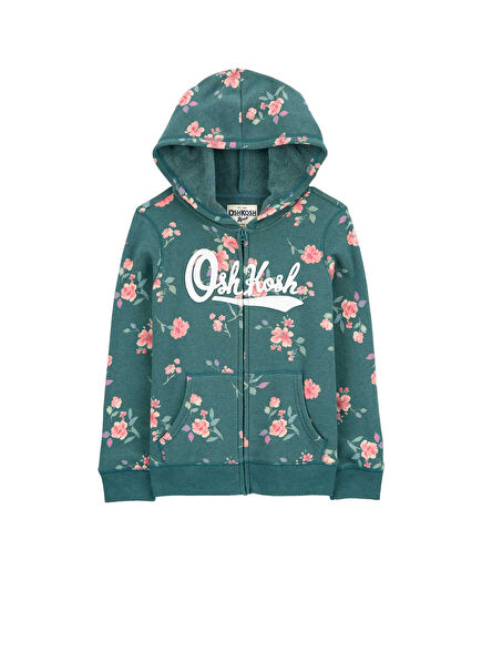 Çiçek Desenli Fermuarlı Kapüşonlu Kız Çocuk Sweatshirt