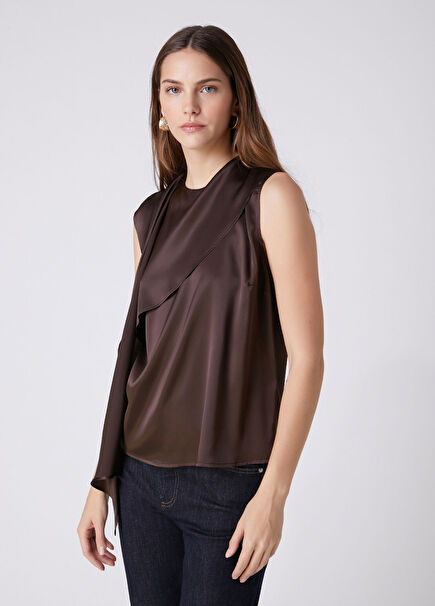 Brown Scarf Detailed Silk Blouse