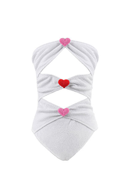 White Crochet Cut-Out Design Girls' Swimsuit with Heart