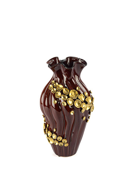 Kahve Gold Çiçek Kabartma Vazo 23 x 40 cm