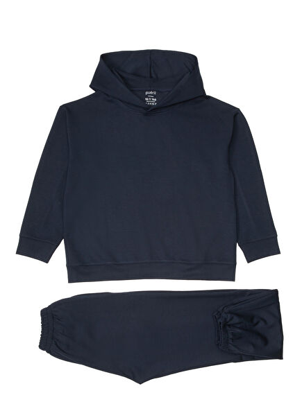Lacivert Kapüşonlu Kız Çocuk Eşofman Takımı
