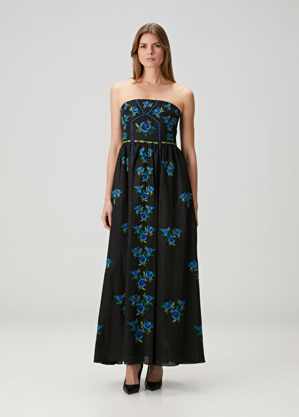Rubi Black Floral Maxi Linen Dress