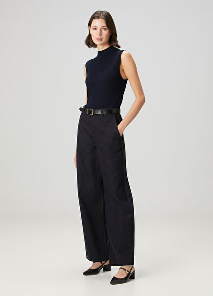Navy Blue Wide Leg Twill Pants