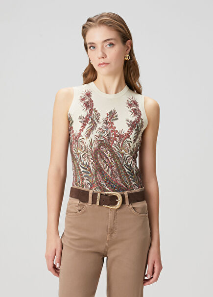 Kırık Beyaz Şal Desenli İpek Bluz