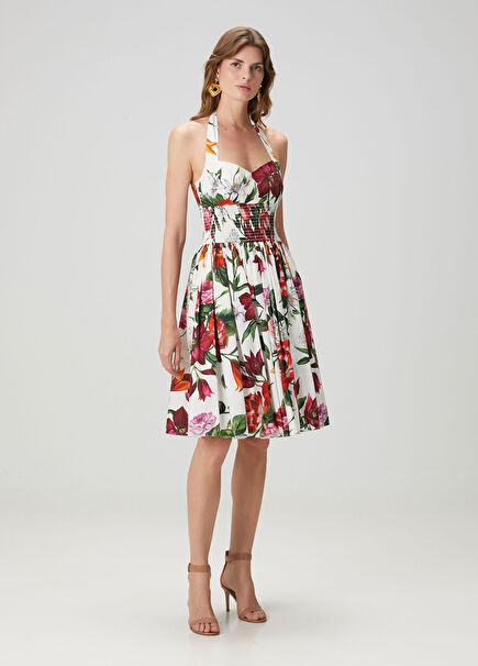 Beyaz Çiçekli Midi Poplin Elbise