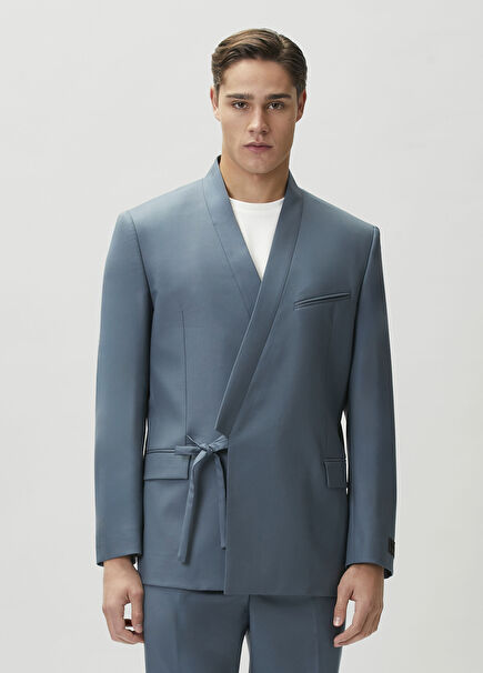 Petrol Double-Breasted Wool Kimono Jacket