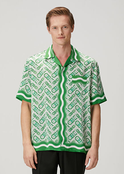 Ping Pong Yeşil Desenli Kısa Kollu İpek Gömlek