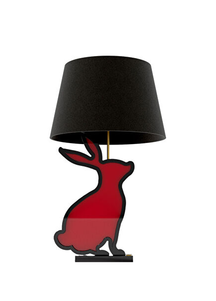 Tavşan Figürlü Siyah Kırmızı Ahşap Abajur