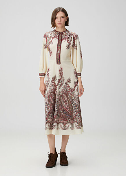 Ekru Şal Desenli Midi Elbise