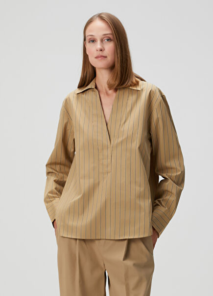 Relaxed Beige Striped Poplin Shirt