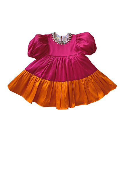 Fuchsia Satin Short Sleeve Girls' Dress