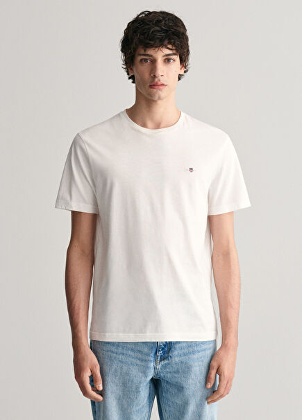 Men's White Regular Fit Crew Neck Logo T-shirt
