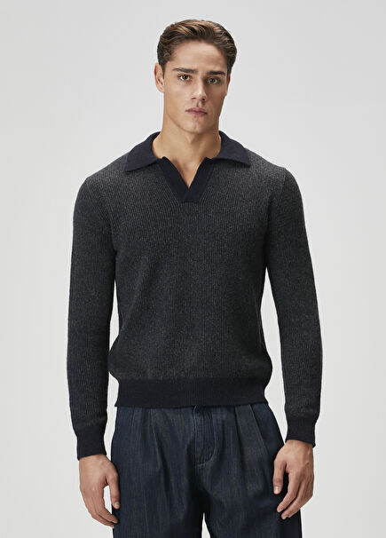 Lacivert Polo Yaka Yün Kazak