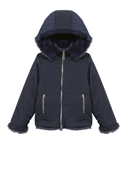 Lacivert Kapüşonlu Çift Taraflı Kız Çocuk Doudoune Mont