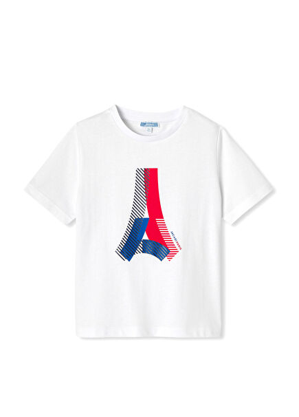 Beyaz Pamuklu Baskılı Kısa Kollu Erkek Çocuk T-shirt