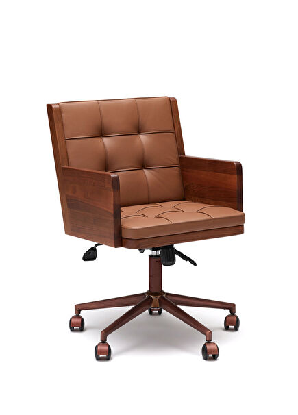 Sütlü Kahve Deri Masif Ceviz Gövdeli Kaplama Ofis Koltuğu