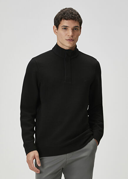 Siyah Yakası Fermuarlı Ottoman Dokulu Sweatshirt