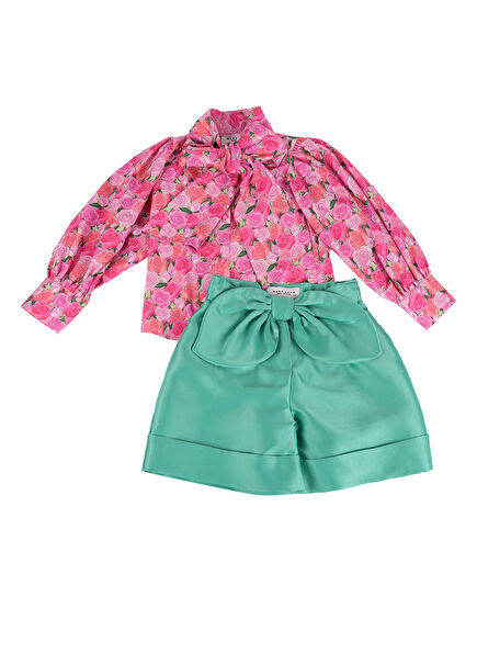 Pembe Çiçek Desenli Bluz Mint Yeşili Şort Kız Çocuk 2'li Set 