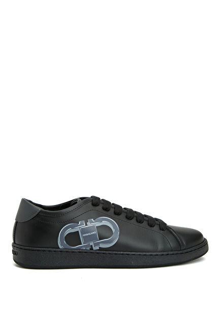 Black Logo Printed Men's Leather Sneakers