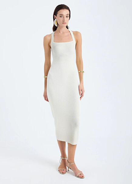 Azura Beyaz Kalın Askılı Kadın Midi Boy Elbise