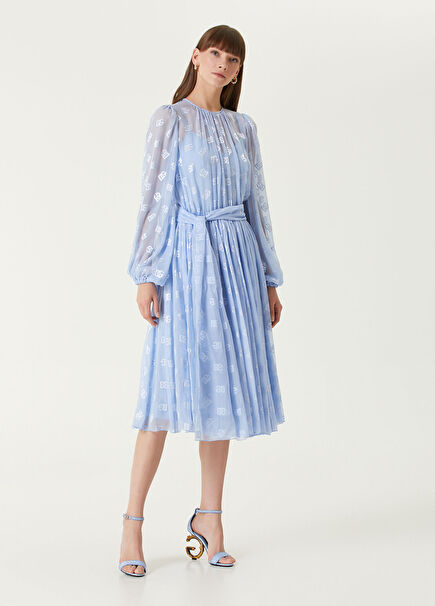 Light Blue Monogram Logo Jacquard Midi Silk Dress