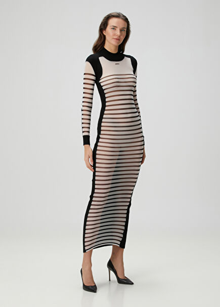 Mariniere Black Striped Maxi Tulle Knit Dress
