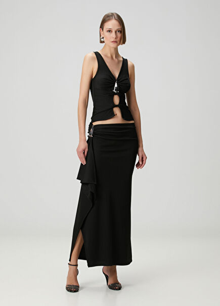 Siyah Drapeli Maksi Etek