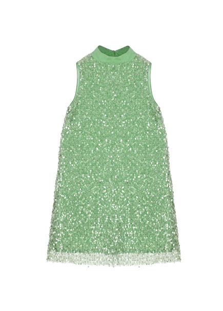 Miss Cassie Sequined Lace Trimmed Girls' Dress with Green Organza Sleeves