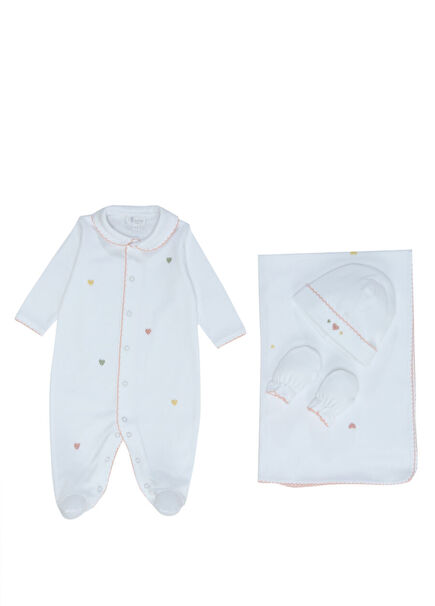 Beyaz 4lü Kalp Nakışlı Kız Bebek Hediye Seti