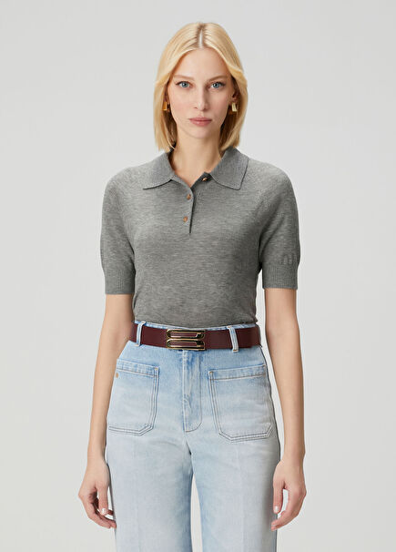 Grey Short-Sleeved Wool Polo Knitwear
