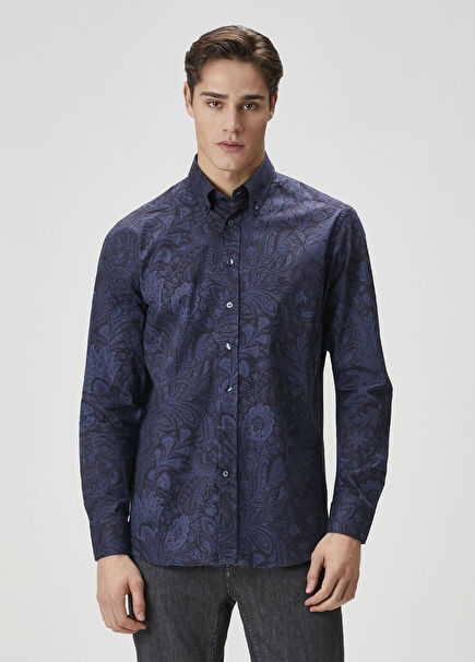 Navy Blue Ethnic Patterned Shirt