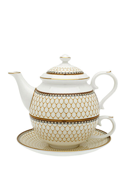 GC Antler Trellis Fildişi Desenli Porselen Çaydanlık ve Fincan Seti