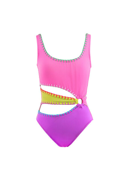Asymmetrical Cut-Out Stitching Detailed Girls' Swimsuit