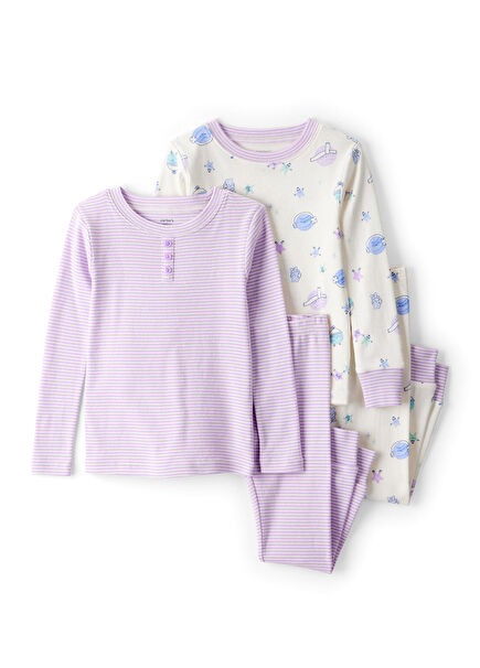 Desenli Kız Çocuk 4'lü Pijama Takımı 
