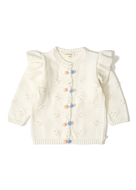 Ecru Girl's Frilly Organic Cotton Knit Cardigan