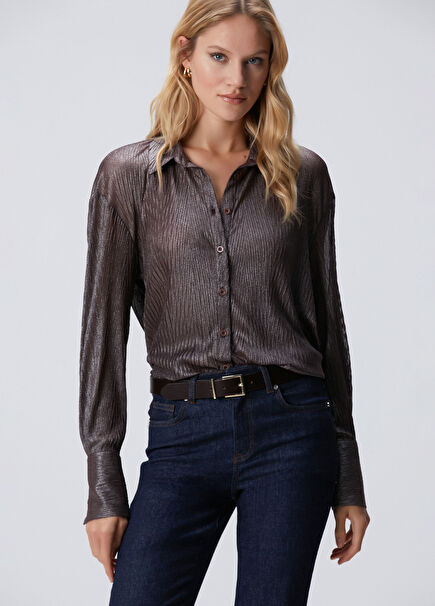 Kahverengi Simli Desenli Geniş Manşetli Gömlek