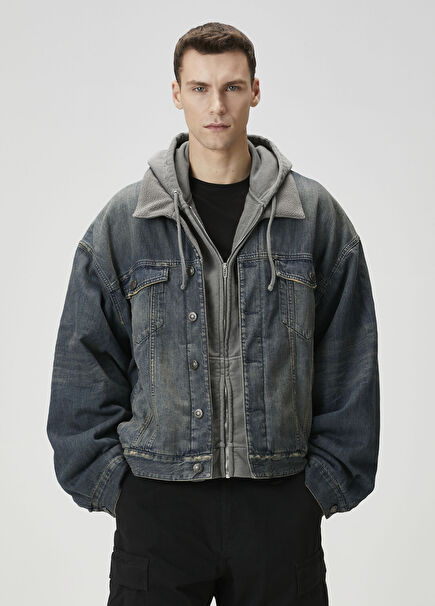 Mavi Kapüşonlu Denim Ceket