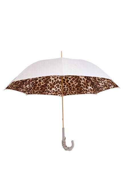 Leopar Desenli Büzgülü Deri Saplı Manuel Şemsiye