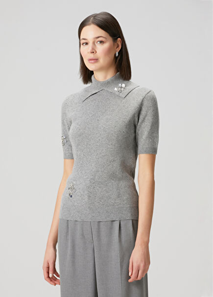 Grey Embellished Knit Blouse