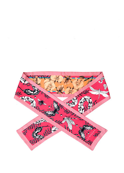 Watcher Yılanlar & Orkideler Pembe İpek Twill Kadın Şerit Eşarp 14 x 153 cm