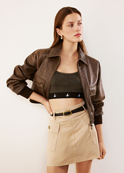 Bej Cepli Mini Gabardin Etek