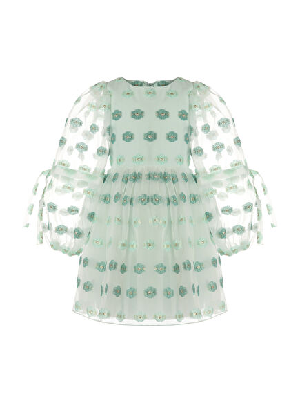 Mint Jakarlı Çiçek Motifli Kız Çocuk Elbise
